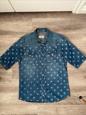 Vivienne Westwood Blue Denim Short-Sleeve Button-Down Shirt with Orb Motif
